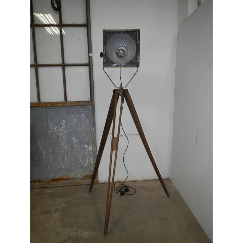 Vintage industrial floor lamp wooden base 1950