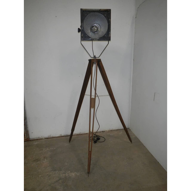 Vintage industrial floor lamp wooden base 1950