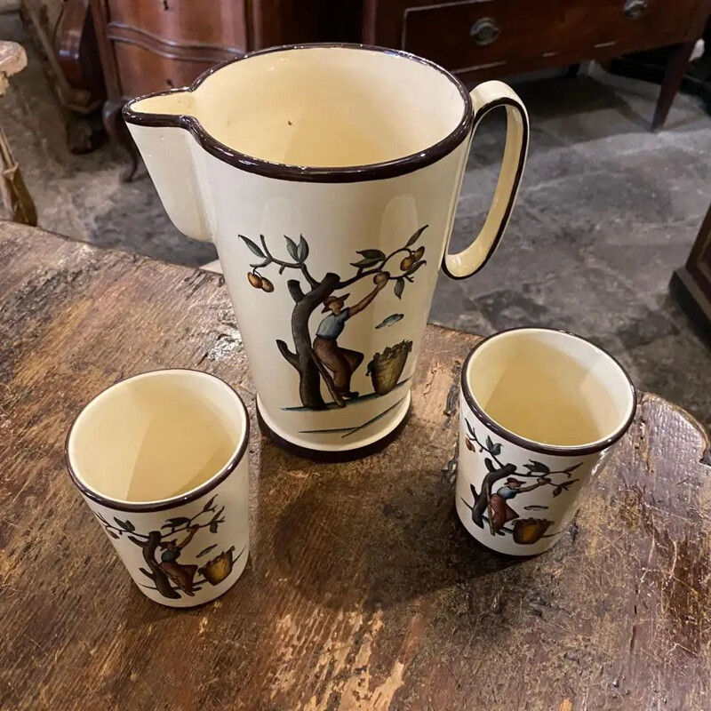 Vintage hand-painted ceramic pitcher and two glasses, Sicilian 1947s