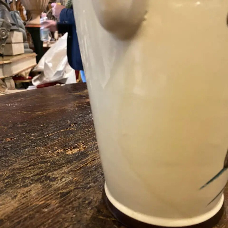 Vintage hand-painted ceramic pitcher and two glasses, Sicilian 1947s