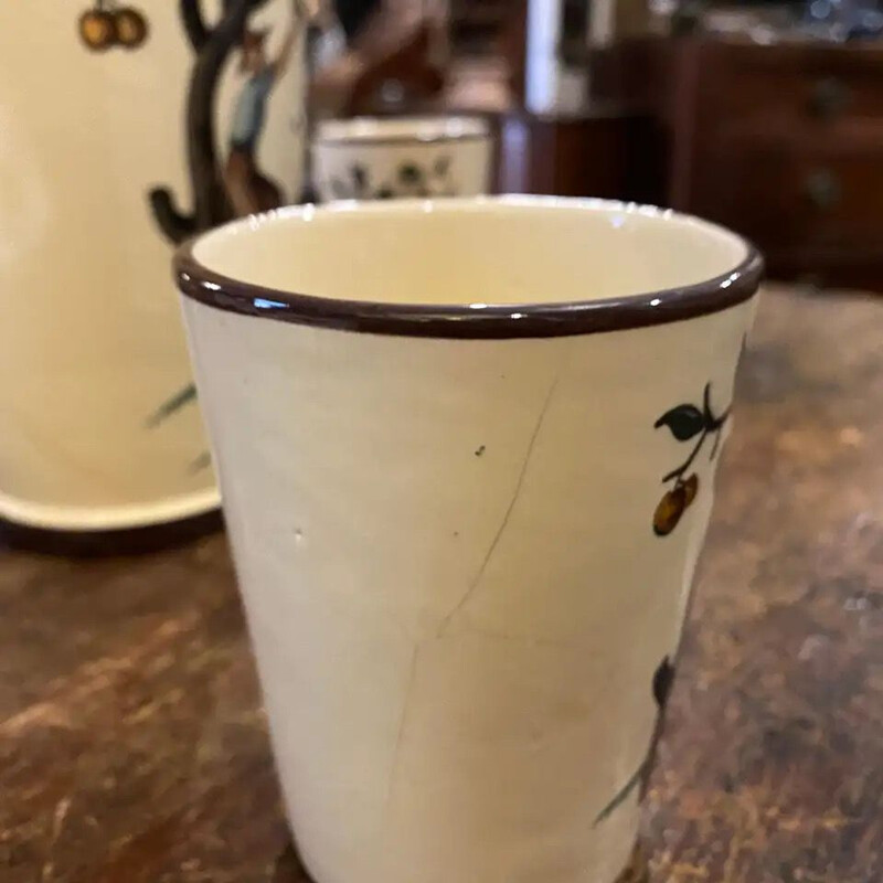 Vintage hand-painted ceramic pitcher and two glasses, Sicilian 1947s