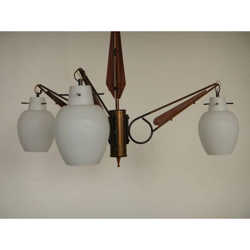 White glass and rosewood vintage chandelier, 1950