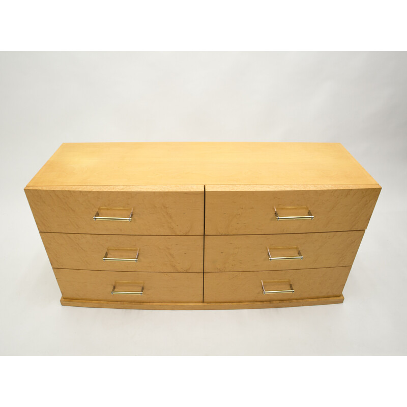 Vintage art deco chest of drawers with brass handles in sycamore, 1940