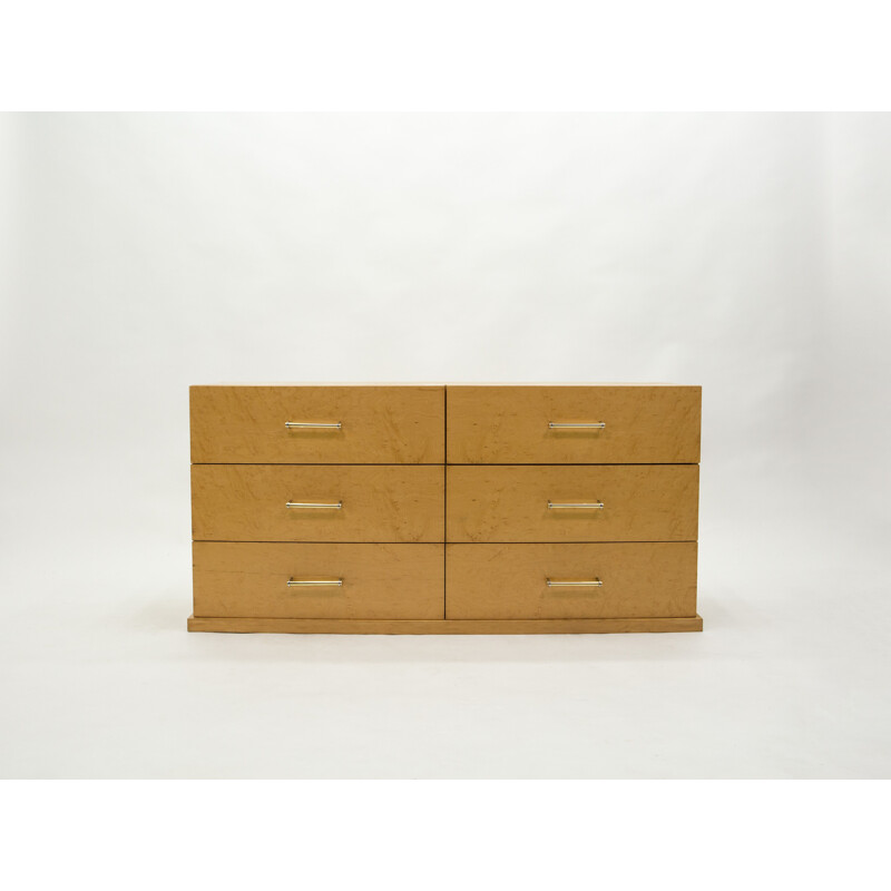 Vintage art deco chest of drawers with brass handles in sycamore, 1940