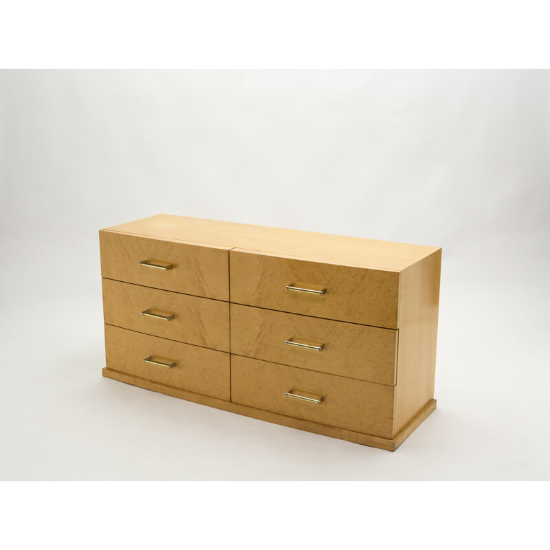 Vintage art deco chest of drawers with brass handles in sycamore, 1940