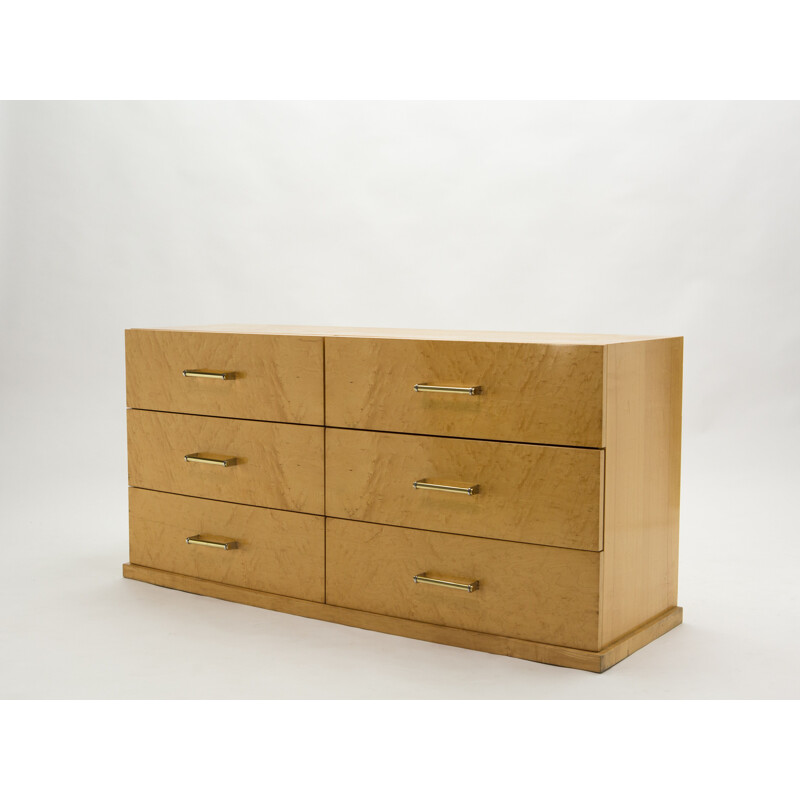 Vintage art deco chest of drawers with brass handles in sycamore, 1940