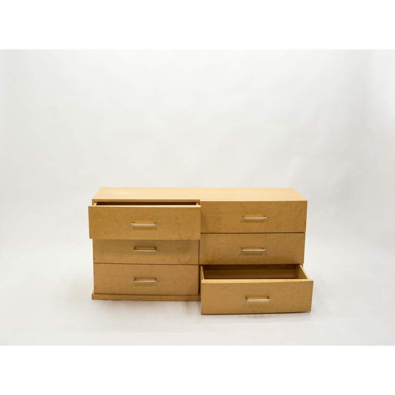 Vintage art deco chest of drawers with brass handles in sycamore, 1940