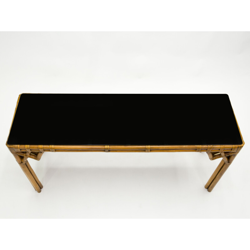Large vintage Console bamboo brass black opaline glass, Italy 1970s