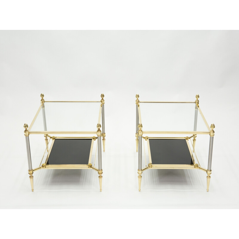 Pair of vintage neoclassical brass and black glass pieces of sofa from the House of Jansen 1970s