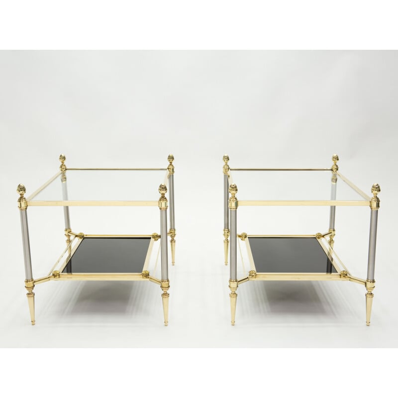 Pair of vintage neoclassical brass and black glass pieces of sofa from the House of Jansen 1970s