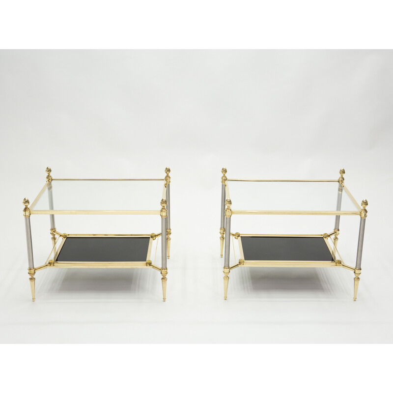 Pair of vintage neoclassical brass and black glass pieces of sofa from the House of Jansen 1970s