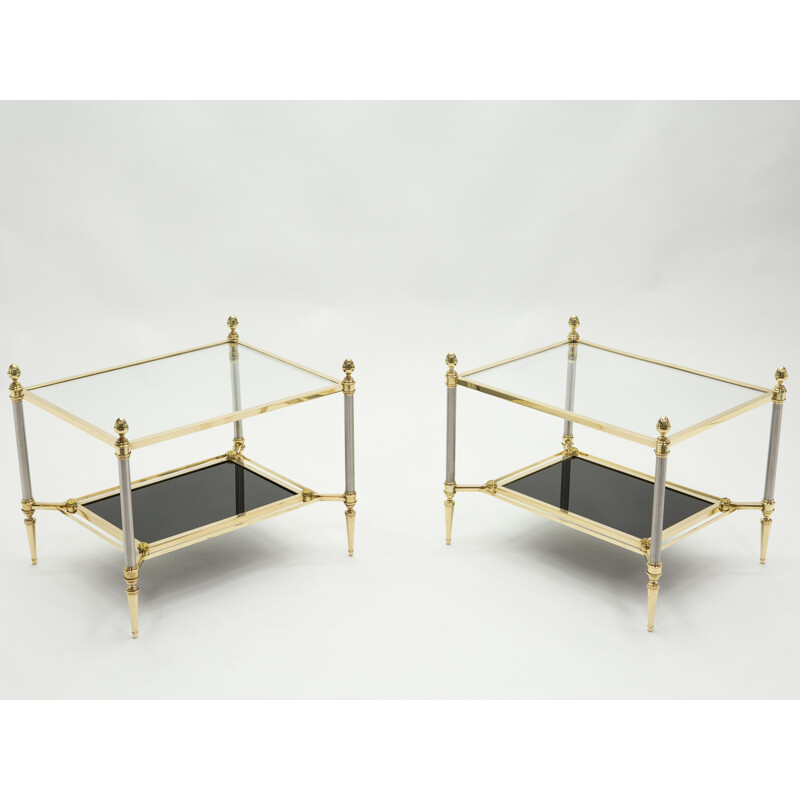 Pair of vintage neoclassical brass and black glass pieces of sofa from the House of Jansen 1970s