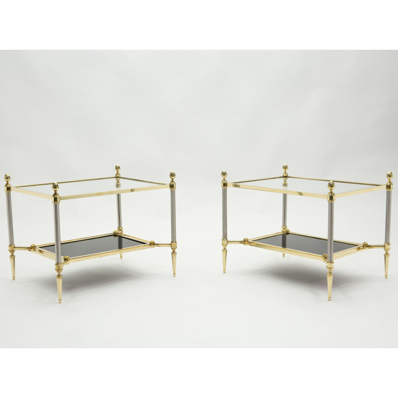 Pair of vintage neoclassical brass and black glass pieces of sofa from the House of Jansen 1970s