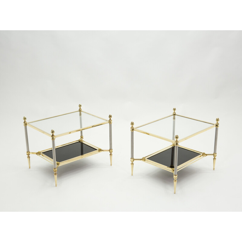 Pair of vintage neoclassical brass and black glass pieces of sofa from the House of Jansen 1970s