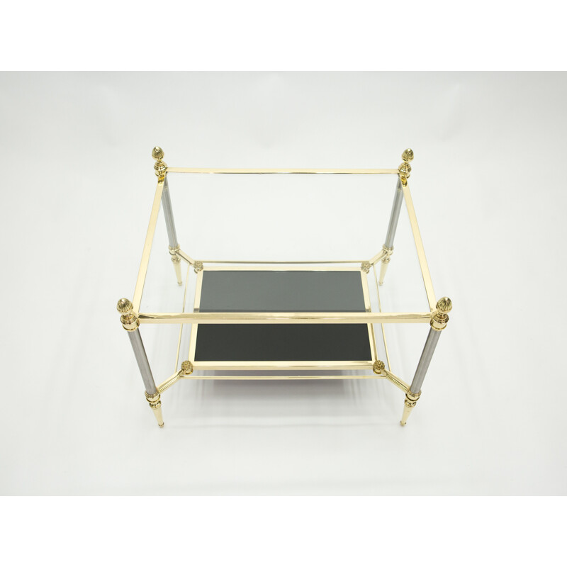 Pareja de mesas auxiliares neoclásicas vintage de latón y cristal negro de Jansen 1970