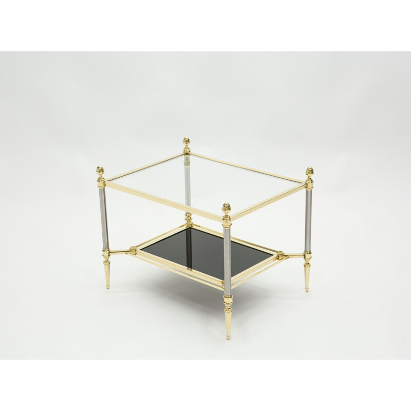 Pareja de mesas auxiliares neoclásicas vintage de latón y cristal negro de Jansen 1970