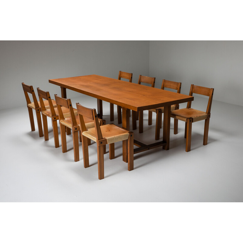 Vintage dining set with T01D table and S24 chairs in solid elm by Pierre Chapo, France 1960s