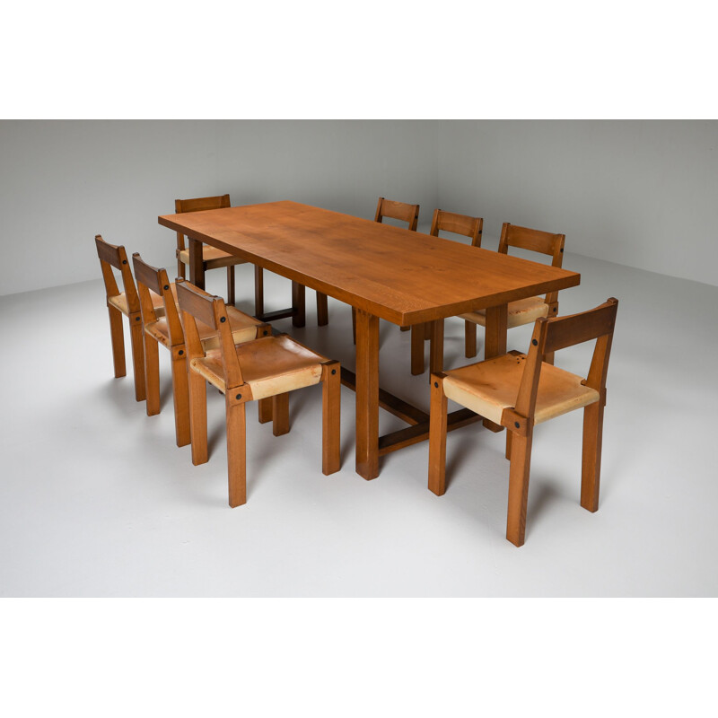 Vintage dining set with T01D table and S24 chairs in solid elm by Pierre Chapo, France 1960s