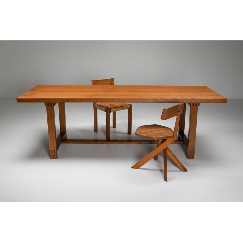 Service de table vintage avec table T01D et chaises S24 en orme massif par Pierre Chapo, France 1960