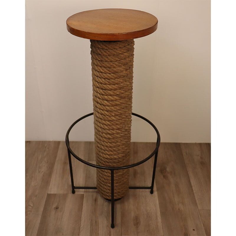 Tabouret haut vintage en corde tressée et métal, 1960