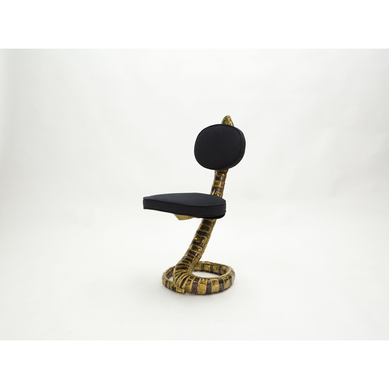 Vintage chair Sculpture Cobra brass alcantara by Isabelle Faure 1970s