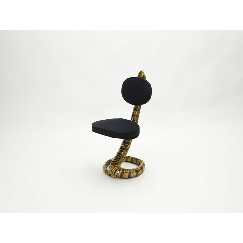 Vintage stoel Sculptuur Cobra messing alcantara door Isabelle Faure 1970