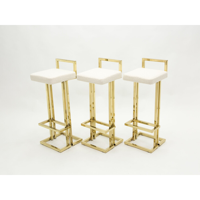 Set of 3 vintage brass bar stools in wool and curly wool from Maison Jansen 1970s