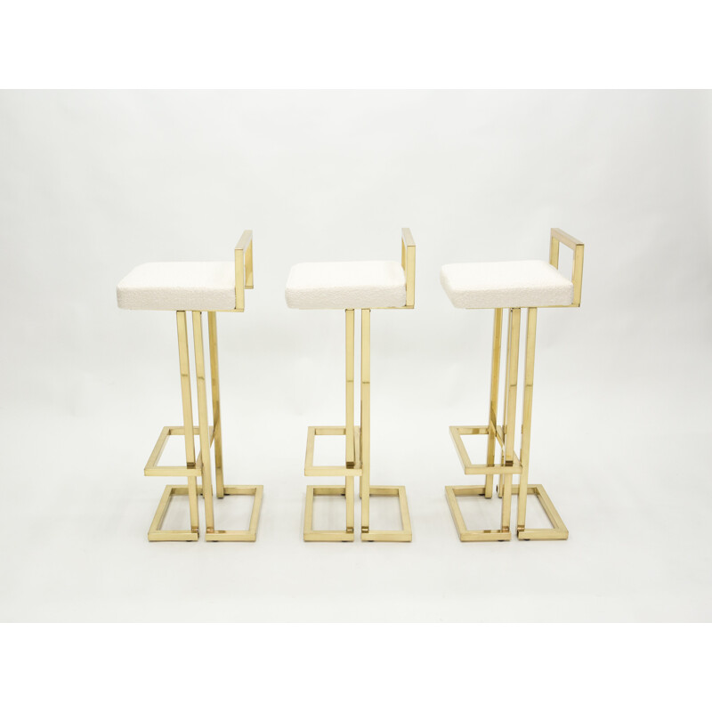 Set of 3 vintage brass bar stools in wool and curly wool from Maison Jansen 1970s