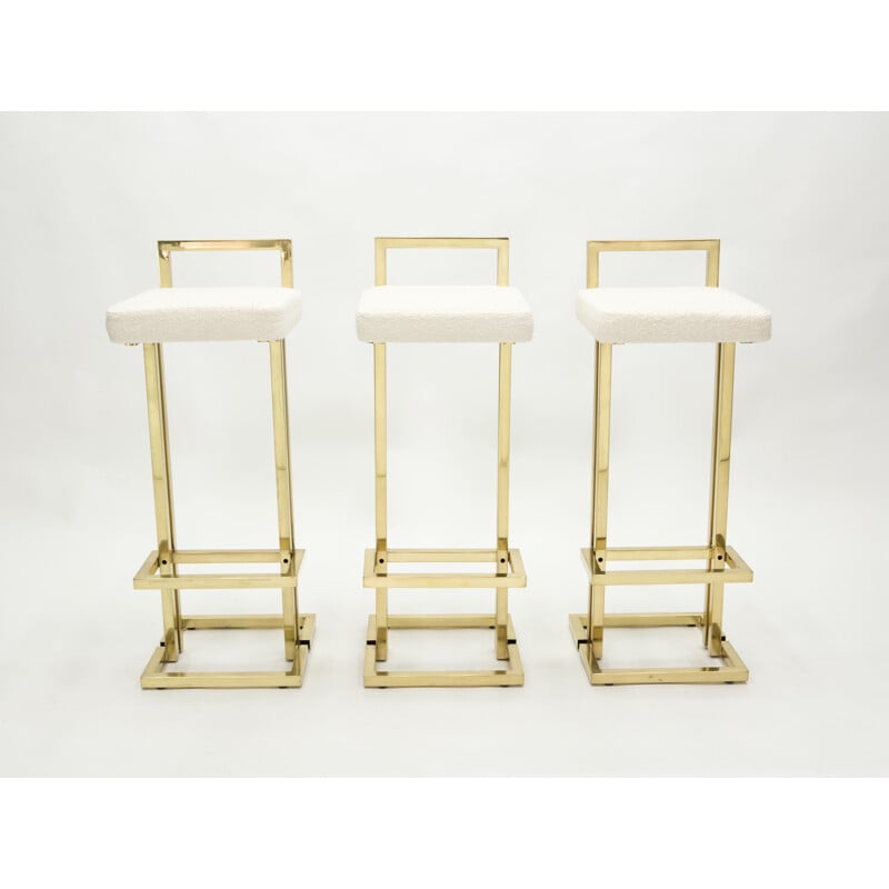 Set of 3 vintage brass bar stools in wool and curly wool from Maison Jansen 1970s