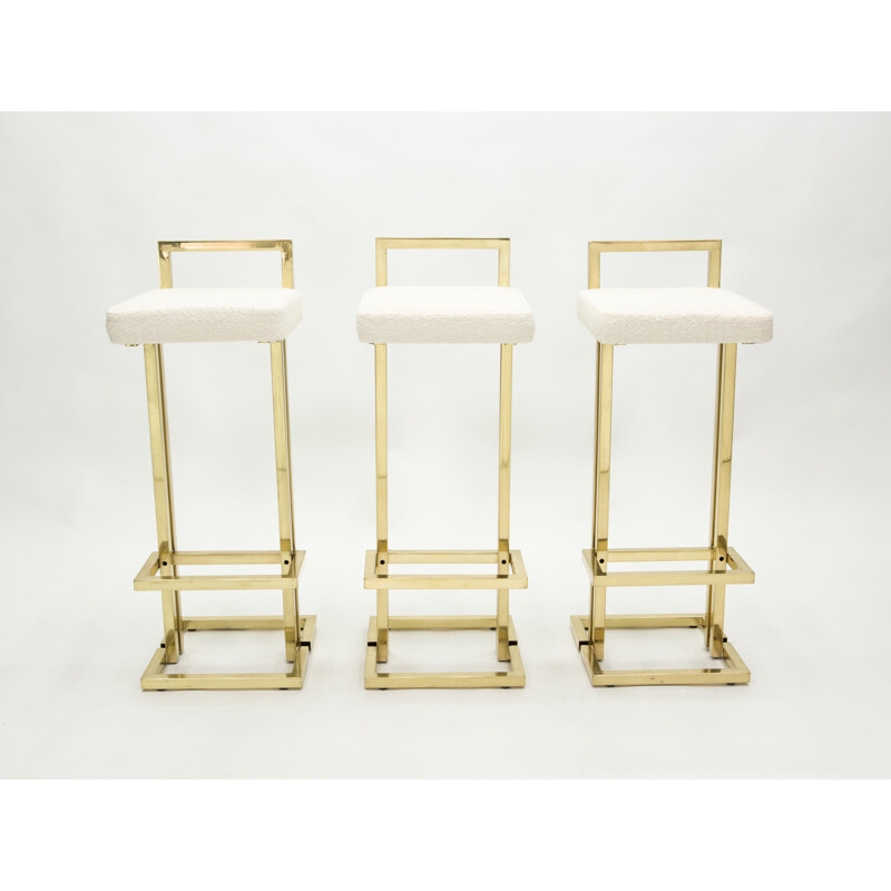 Set of 3 vintage brass bar stools in wool and curly wool from Maison Jansen 1970s