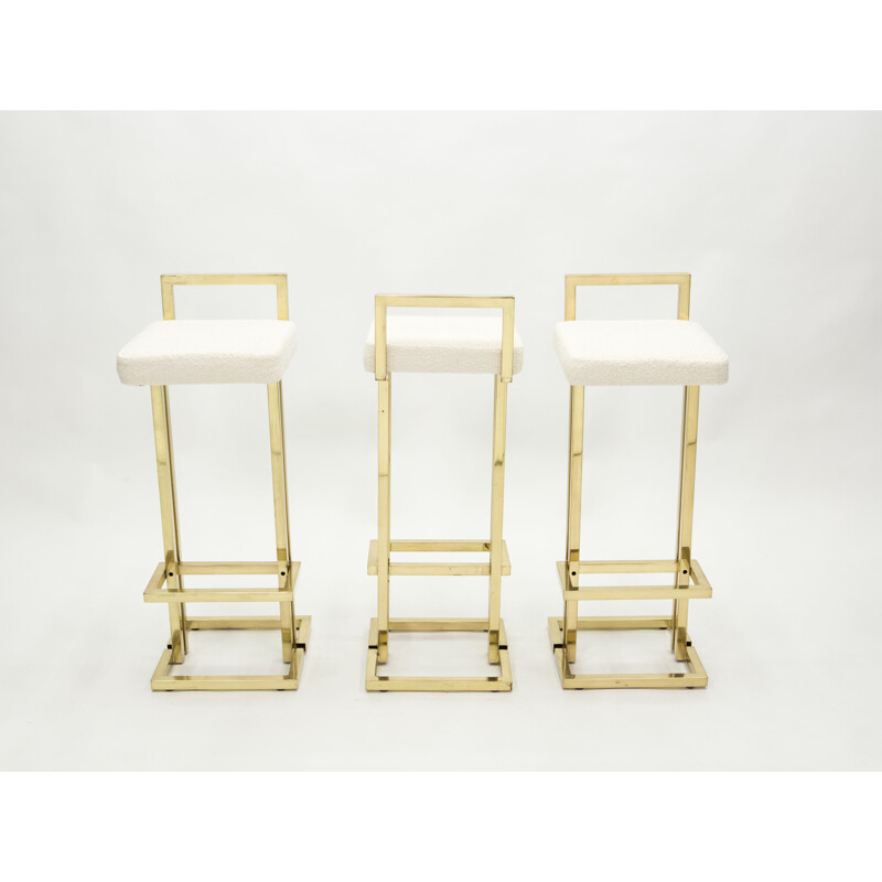 Set of 3 vintage brass bar stools in wool and curly wool from Maison Jansen 1970s