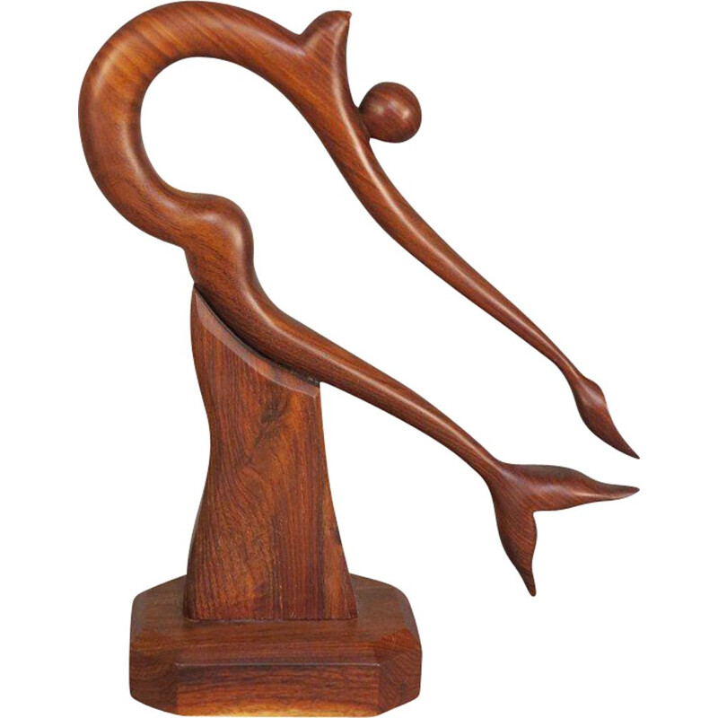 Vintage teak wood sculpture on base with representation of a mermaid, Denmark 1950