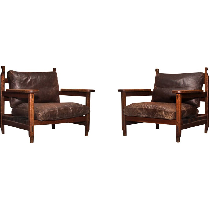 Pair of brutalist oak vintage armchairs, 1970