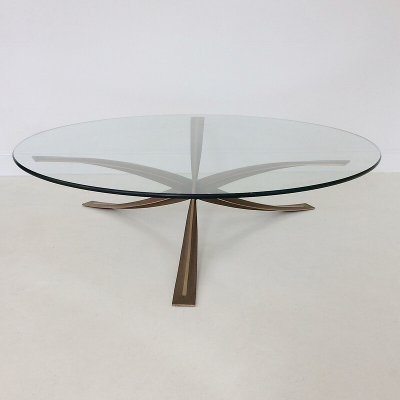 Vintage round bronze coffee table by Michel Mangematin, France 1960s