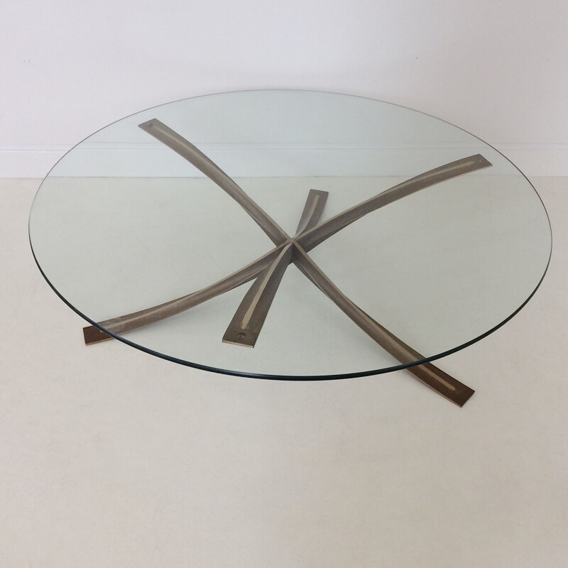 Vintage round bronze coffee table by Michel Mangematin, France 1960s