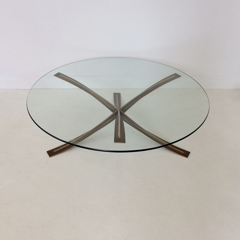 Vintage round bronze coffee table by Michel Mangematin, France 1960s