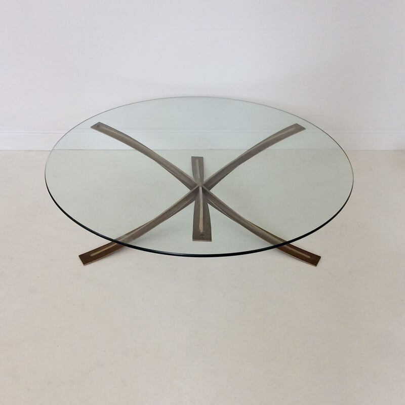 Vintage round bronze coffee table by Michel Mangematin, France 1960s