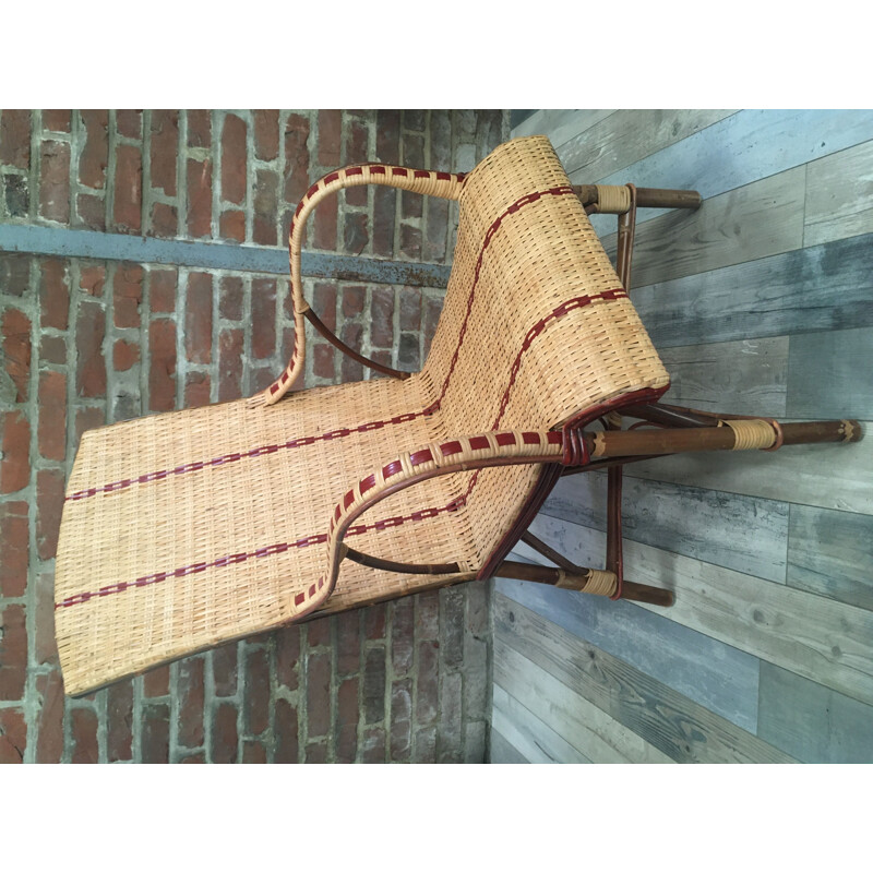 Vintage woven rattan armchair with red border 1950s