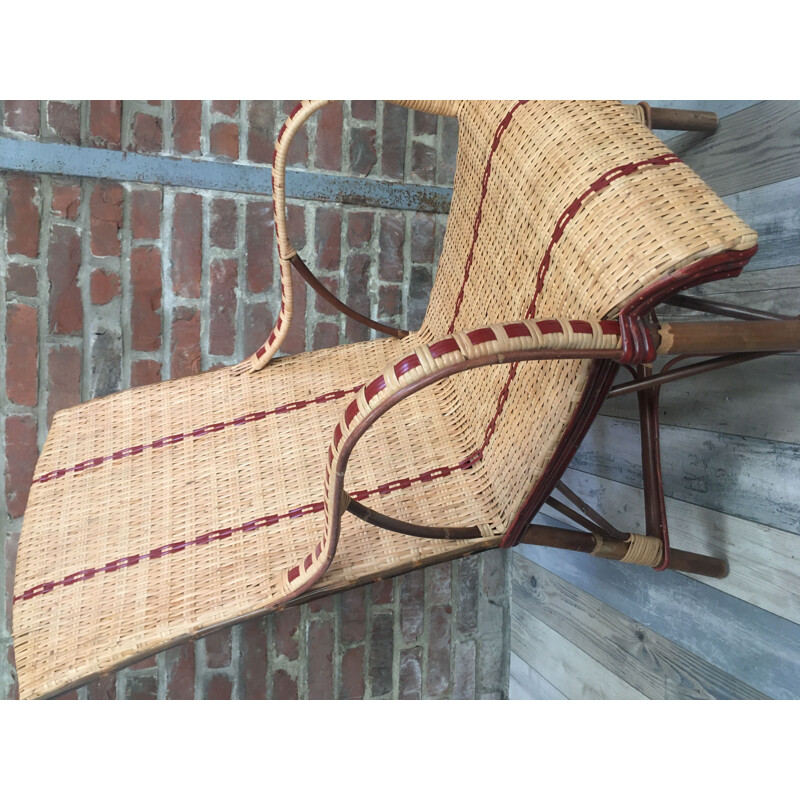 Vintage woven rattan armchair with red border 1950s