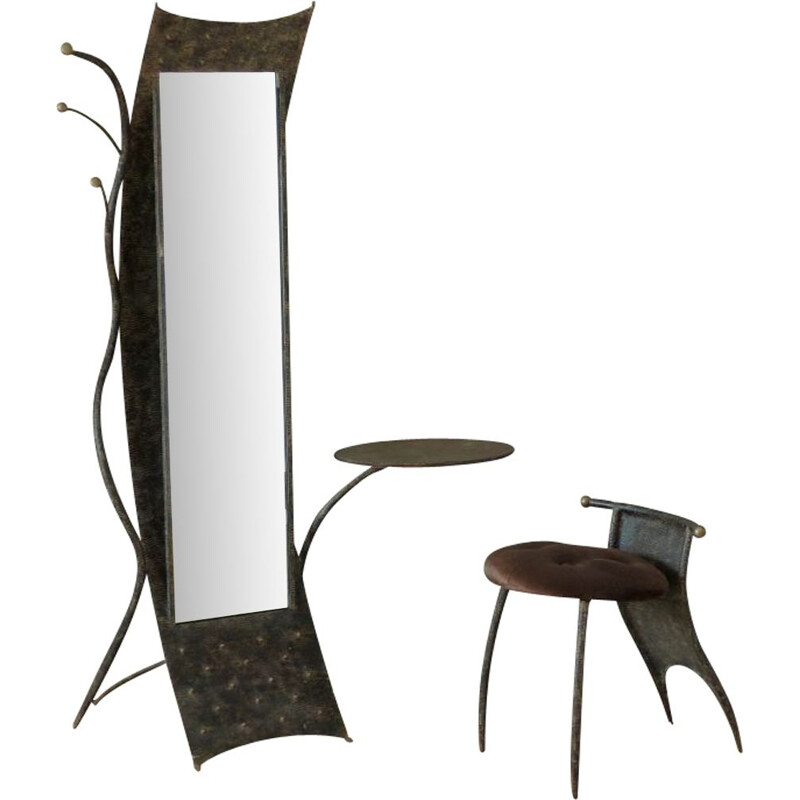 Brutalist vintage metal cabinet with mirror and chair, 1950