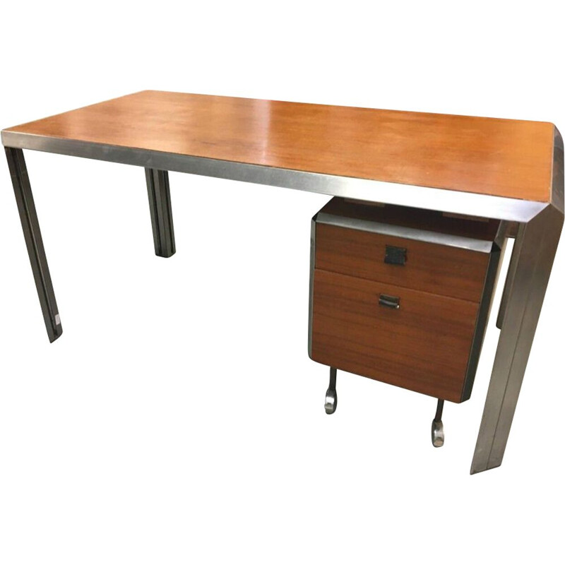 Vintage chromed steel and ash wood desk by Bernard Marange for TFM, 1970