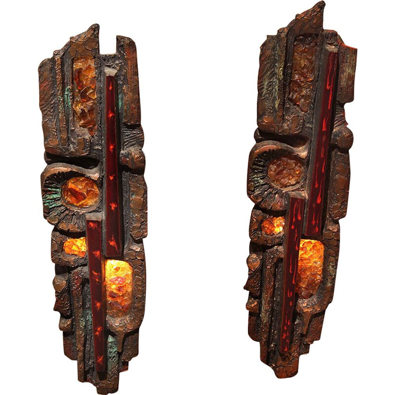 Pair of vintage XL sconces by Brutaliste Ars Munda Sculpture 1970