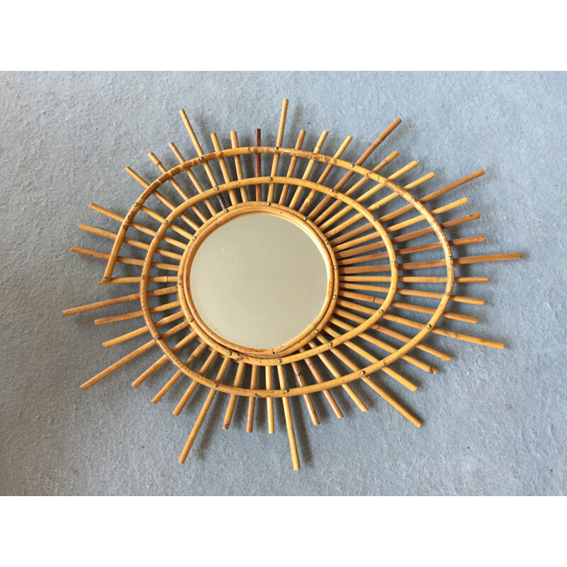 Miroir soleil en rotin forme spirale - 1950