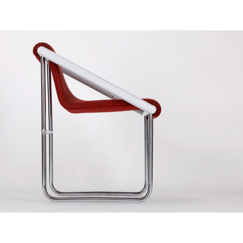 Czech armchair in red fabric and chromed steel - 1960s