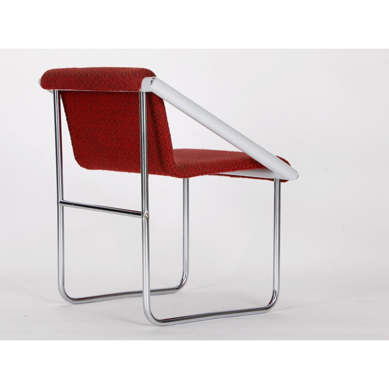 Czech armchair in red fabric and chromed steel - 1960s