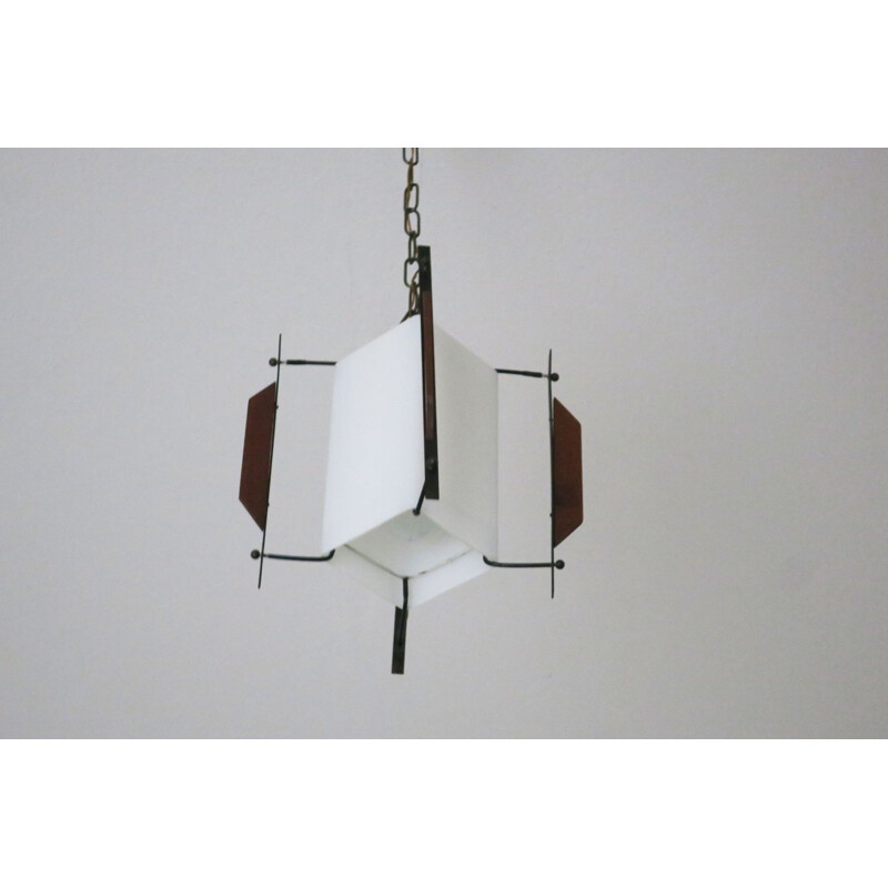 Vintage Black String Metal Milk Glass Glass and Teak Pendant Ceiling Light 1950s