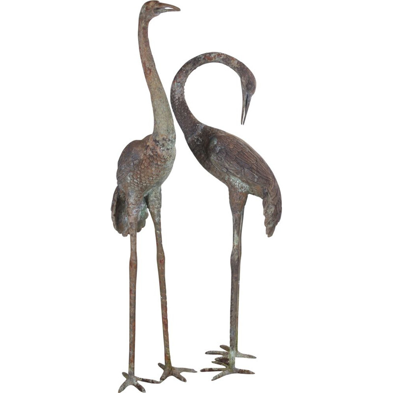 Pair of large vintage bronze cranes in Hollywood Regency 1970s