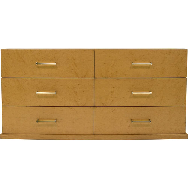 Vintage art deco chest of drawers with brass handles in sycamore, 1940