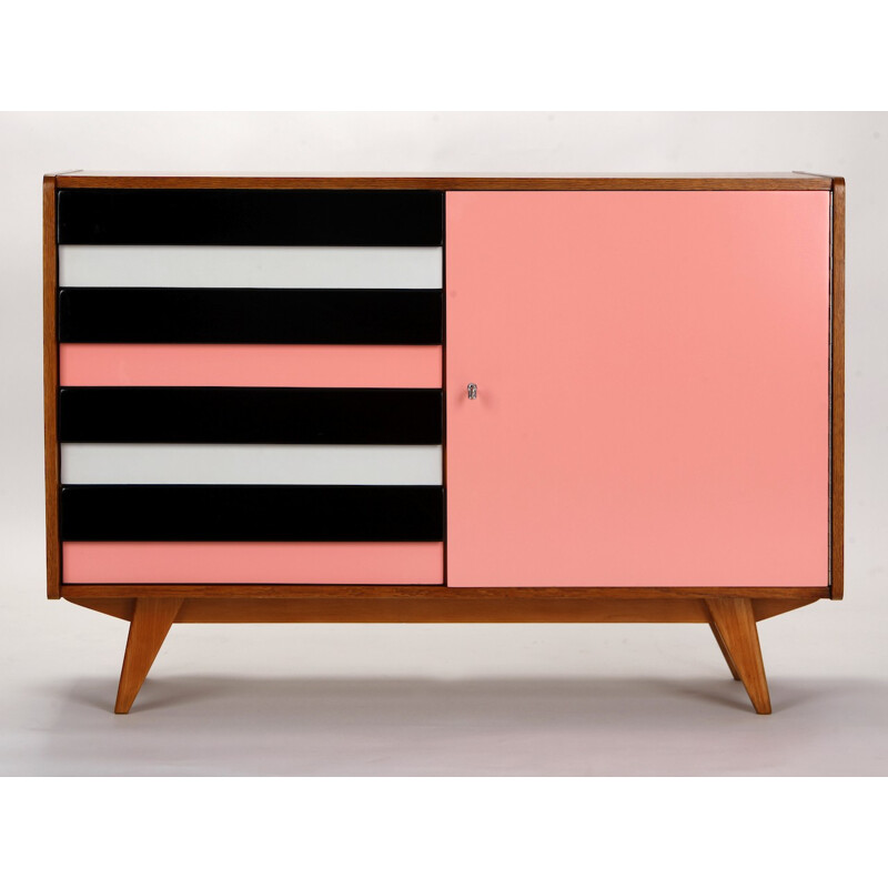 Mid-century pink and black Interier Praha sideboard in oakwood, Jiri JIROUTEK - 1960s