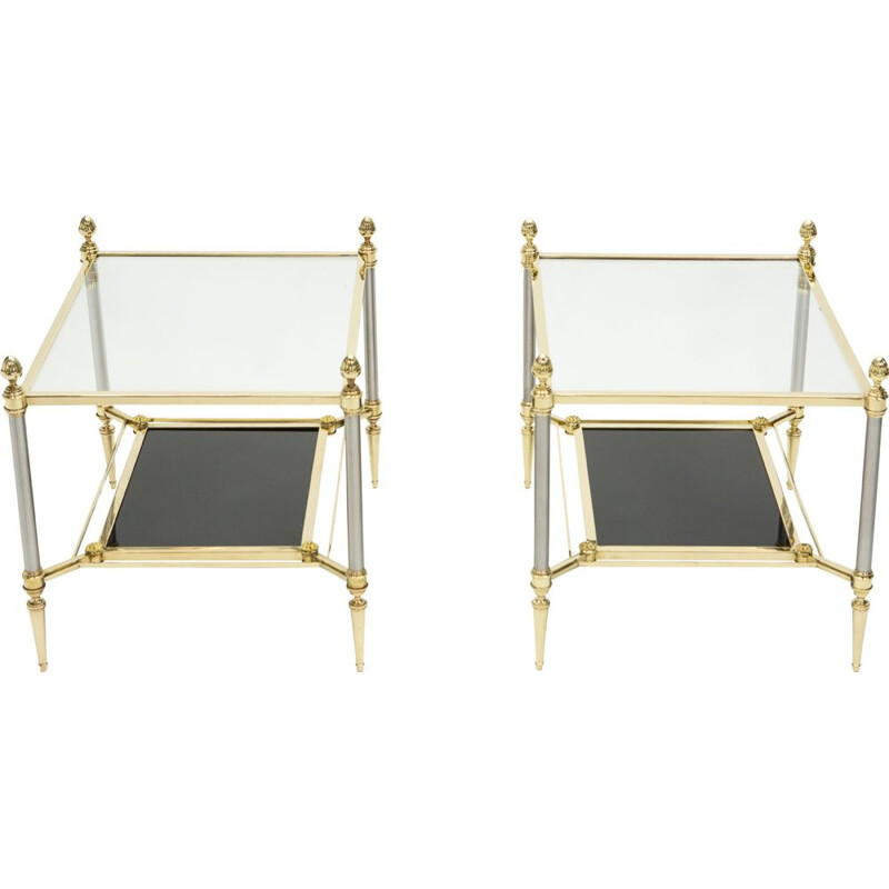 Pair of vintage neoclassical brass and black glass pieces of sofa from the House of Jansen 1970s